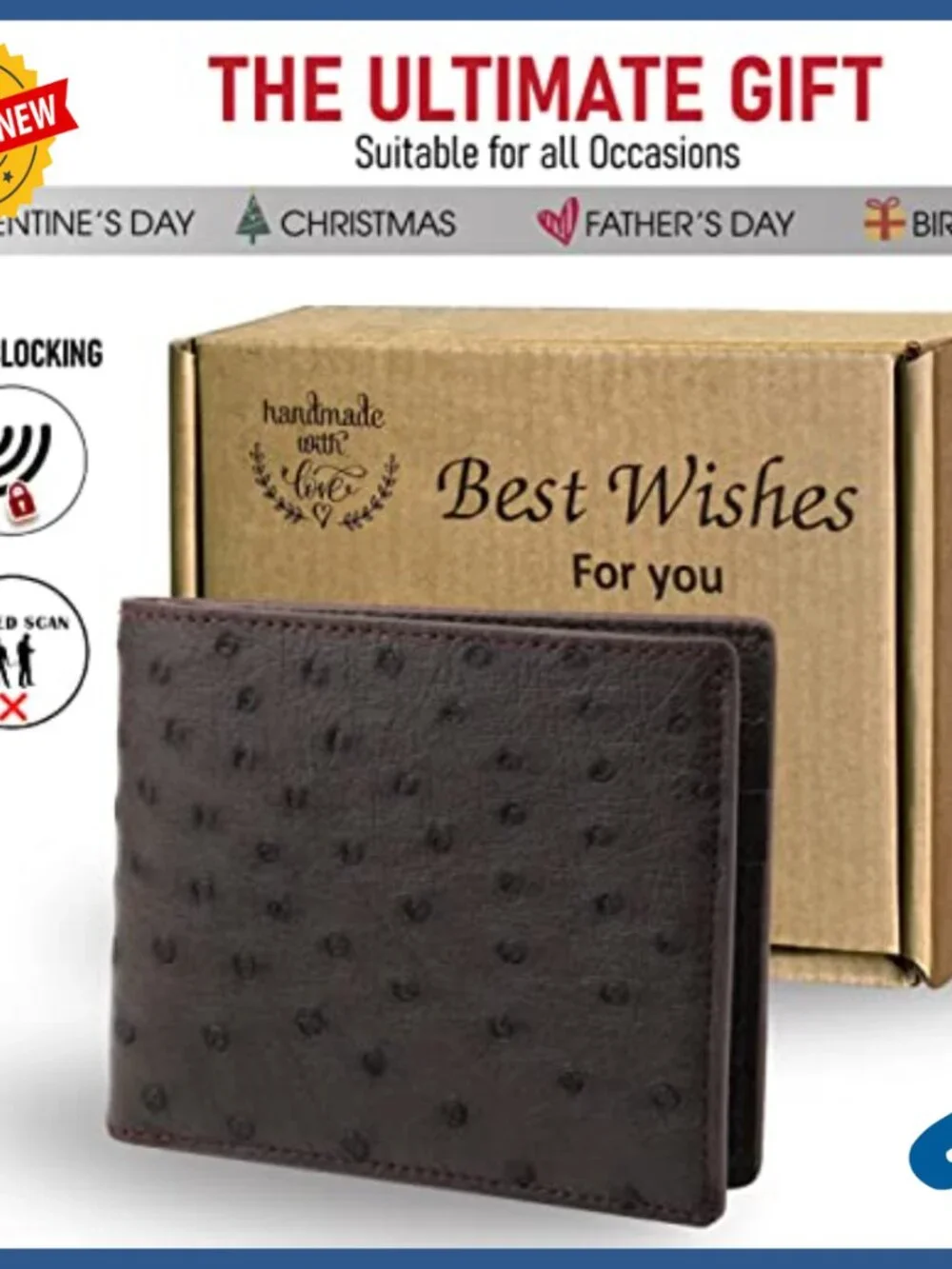 Men's Slim Bifold Wallet Ostrich Leather RFID Blocking Multiple Pockets